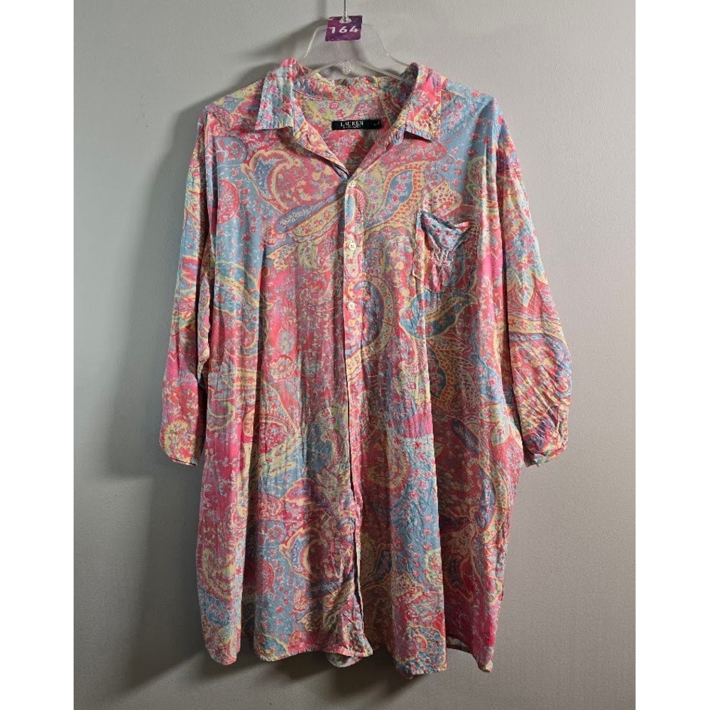Lauren Ralph Lauren Womens Sleep Shirt Pink Paisley Button Up Sleepwear Plus 3X